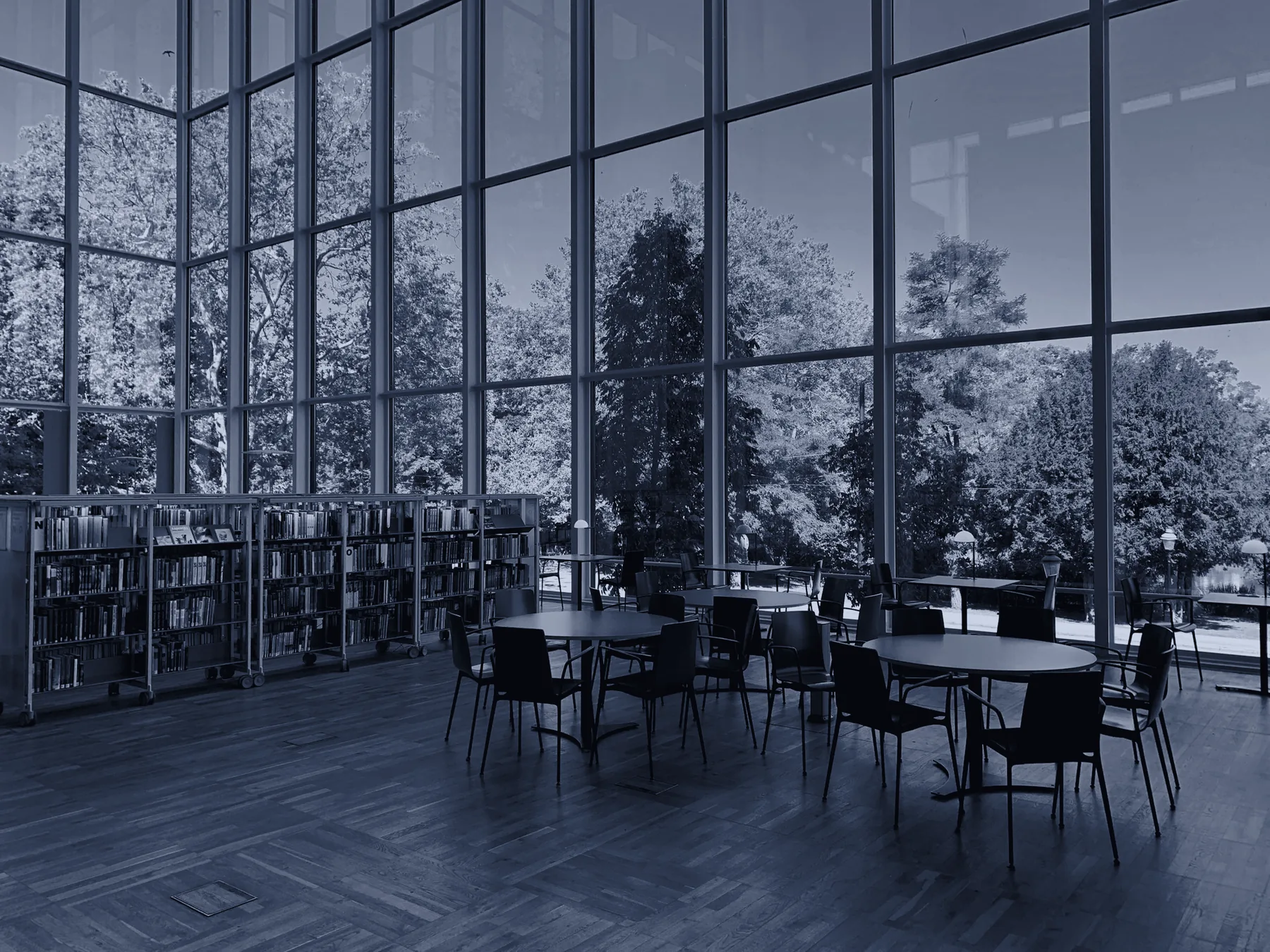 A bright reading room with tall glass walls