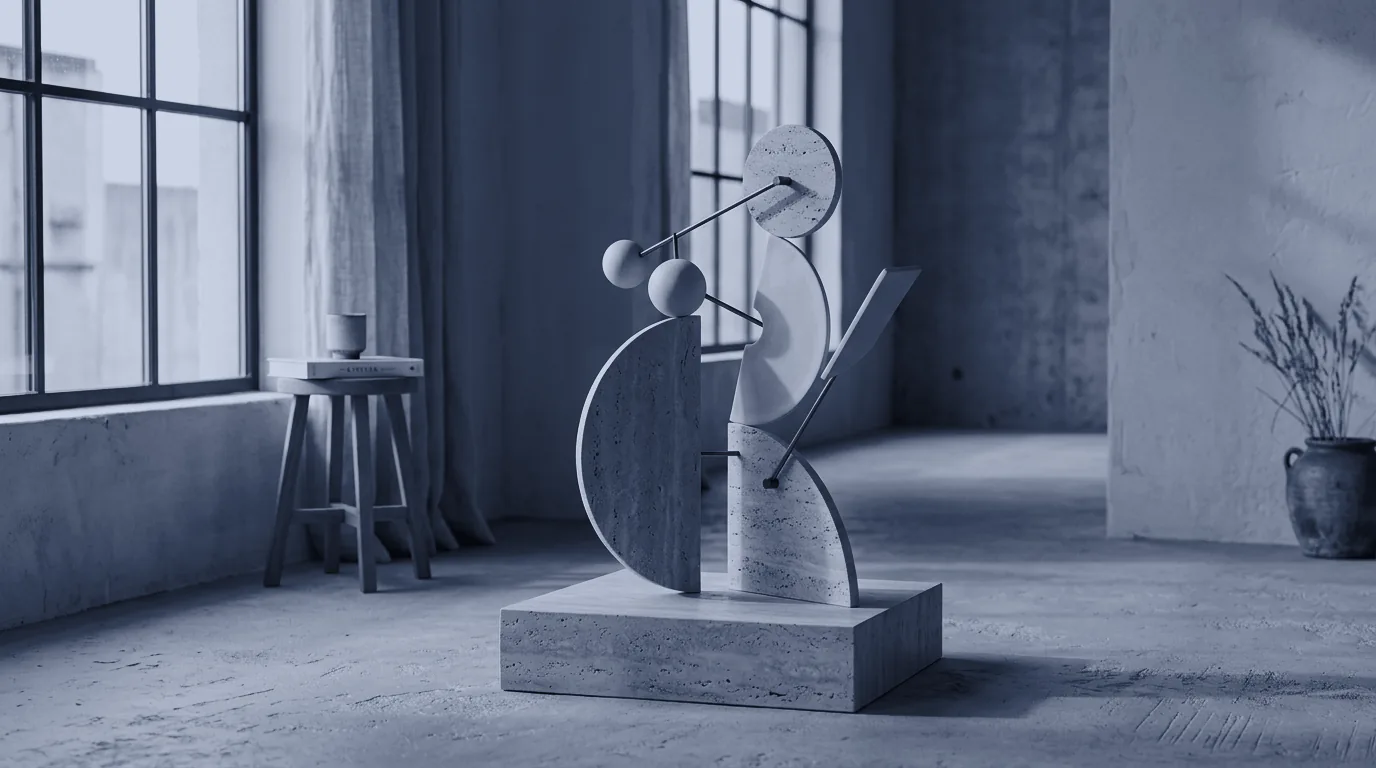 A sculpture in a bright concrete studio